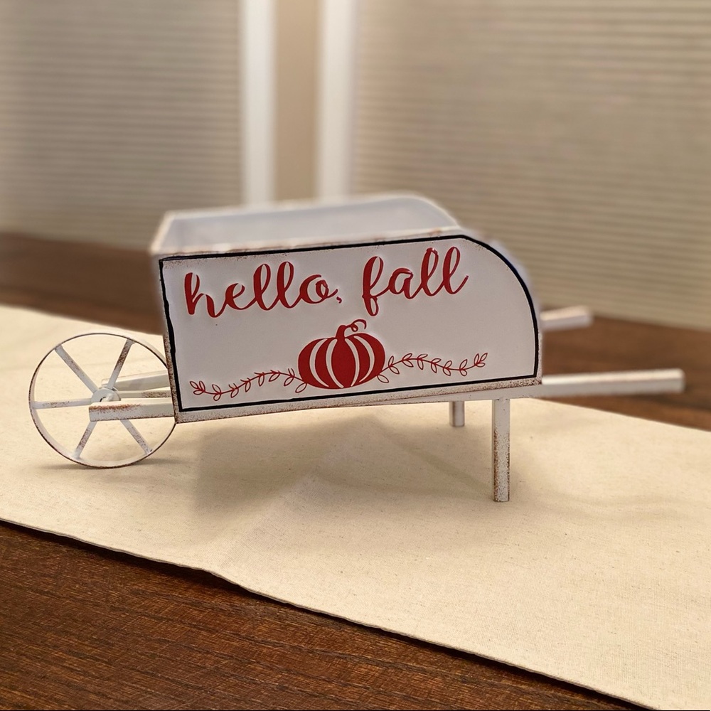 Fall Decor, Hello Fall Wheelbarrow Decor, Fall Metal Wheelbarrow Centerpiece - Picture 2 of 16